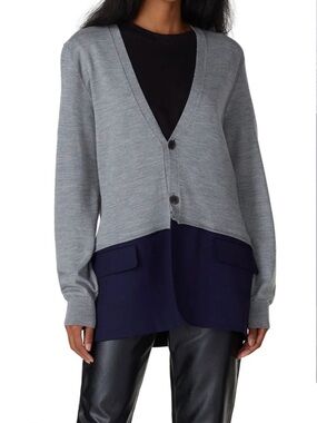 Haider Ackermann Gray V-Neck Button Cardigan Sweater with Navy Panel size Large.